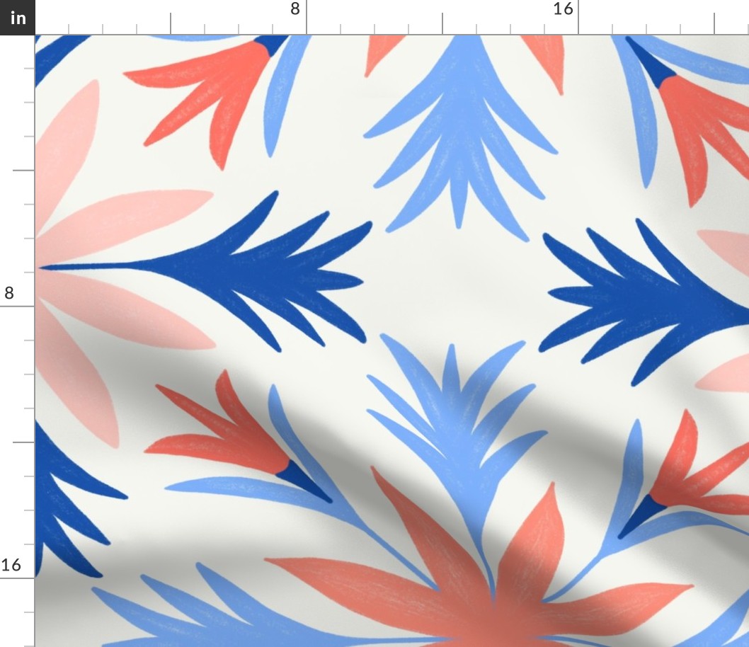 Relaxed Tropical Hand-Drawn Flora in Coral Orange, Pink, Blue, Navy, and Cream - Jumbo - Beachy, Surf Shack, Summery