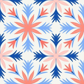Relaxed Tropical Hand-Drawn Flora in Coral Orange, Pink, Blue, Navy, and Cream - Large - Beachy, Surf Shack, Summery