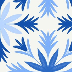 Relaxed Tropical Hand-Drawn Flora in Light Blue, Navy, and Cream - Jumbo - Beachy, Surf Shack, Summery