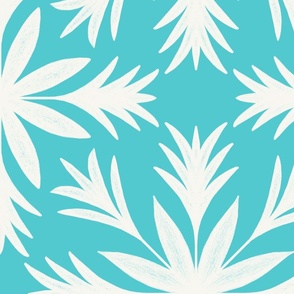 Relaxed Tropical Hand-Drawn Flora in Deep Aquamarine and Cream - Jumbo - Tropical Vibes, Tropical Aquamarine, Tropical Turquoise
