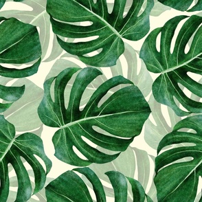 Extra Large Green Watercolor Monstera Leaves 24x24 in Repeat