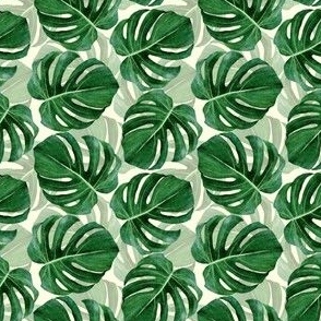 Small Green Watercolor Monstera Leaves 3x3 in Repeat
