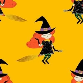 Halloween Flying Cute Witch with Broom Yellow
