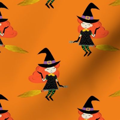 Halloween Flying Cute Witch with Broom Orange