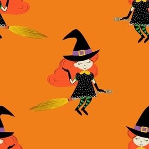 Halloween Flying Cute Witch with Broom Orange