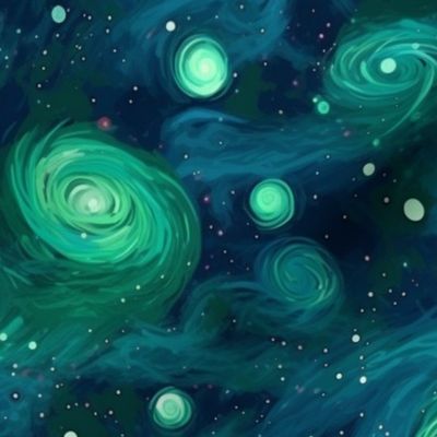 starry  night galaxy in teal and green and blue 