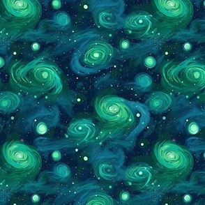 starry  night galaxy in teal and green and blue 