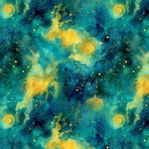 starry night galaxy in teal and yellow 