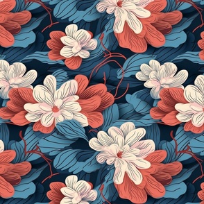 japanese flowers in white, red and blue