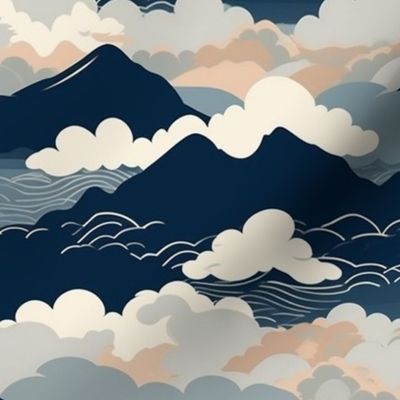 japanese mountains and clouds in blue