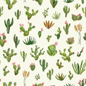 Hand painted green and pink Cactus plants on cream,