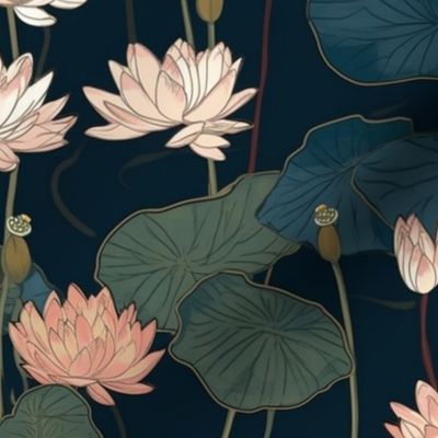 japanese waterlilies with peach and pink and white flowers