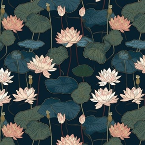 japanese waterlilies with peach and pink and white flowers