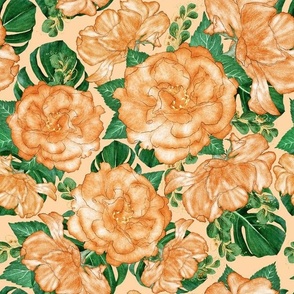 Large scale orange roses and monstera 12x12in