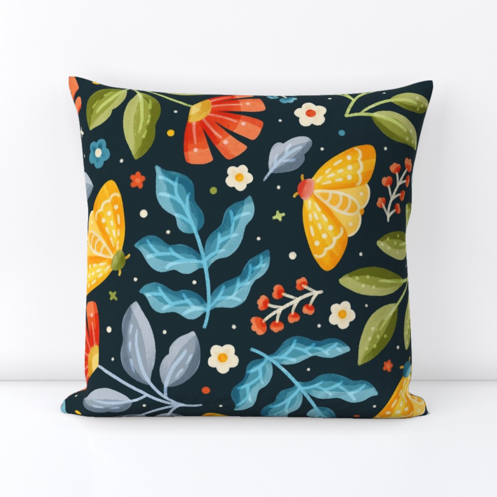Large scale / Moths at midnight / bright yellow whimsical watercolor butterflies insects bugs cute flora red flowers blue gray green leaves / moody florals navy black summer night