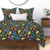 Large scale / Moths at midnight / bright yellow whimsical watercolor butterflies insects bugs cute flora red flowers blue gray green leaves / moody florals navy black summer night
