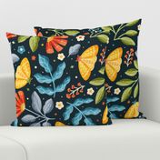 Large scale / Moths at midnight / bright yellow whimsical watercolor butterflies insects bugs cute flora red flowers blue gray green leaves / moody florals navy black summer night