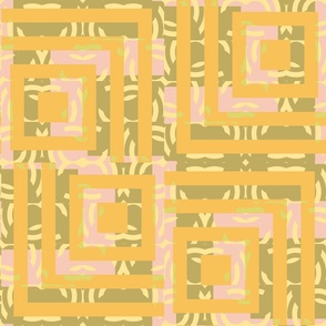 Non-Directional Geometric Squares -  Maximalist Pattern Clash - Gold, Green and Pink 