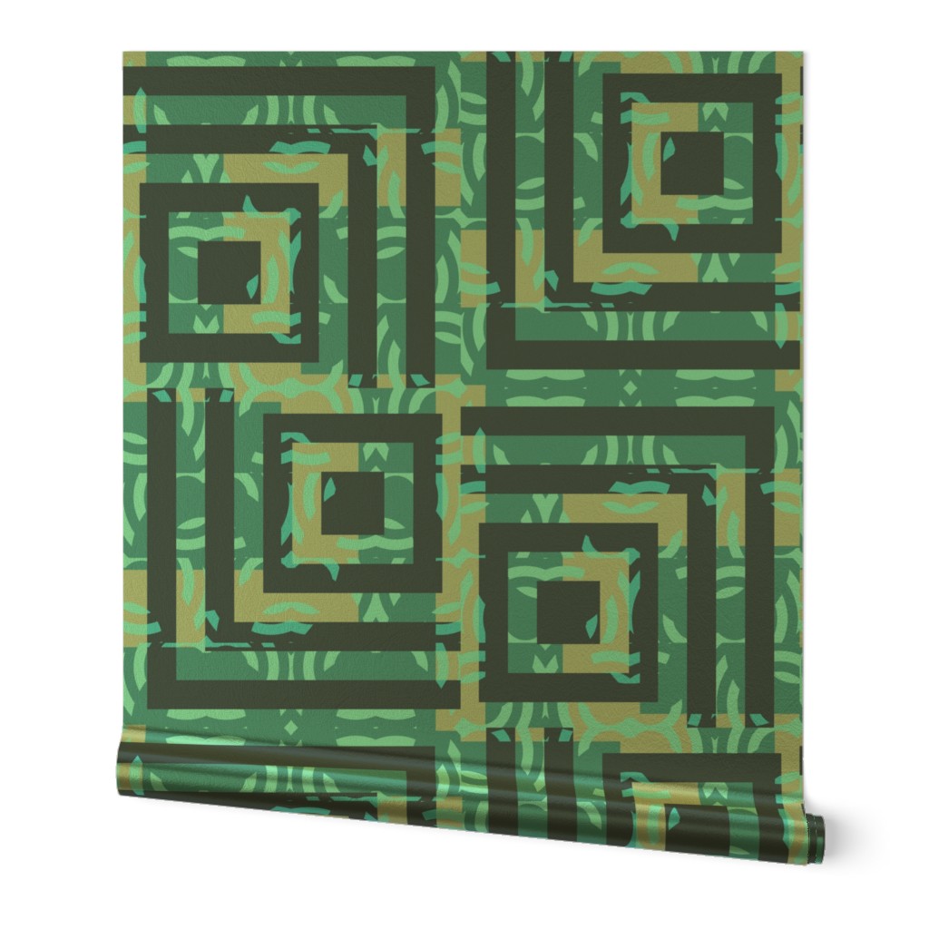 Non-Directional Geometric Squares -  Maximalist Pattern Clash - Indigo Blue, Turquoise, Tan