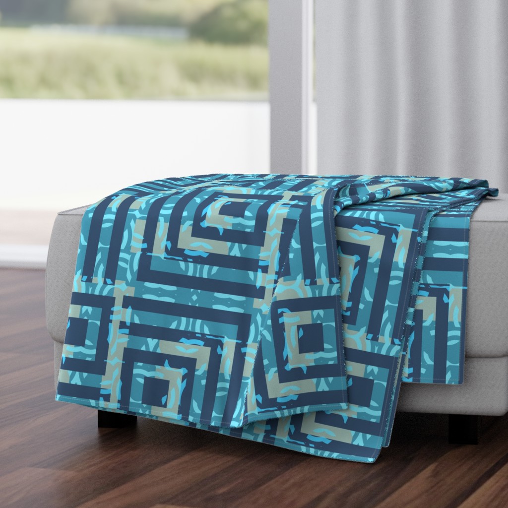 Non-Directional Geometric Squares -  Maximalist Pattern Clash - Indigo Blue, Turquoise, Tan