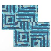 Non-Directional Geometric Squares -  Maximalist Pattern Clash - Indigo Blue, Turquoise, Tan