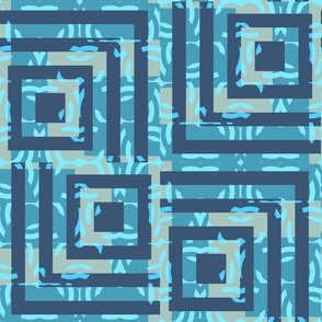 Non-Directional Geometric Squares -  Maximalist Pattern Clash - Indigo Blue, Turquoise, Tan