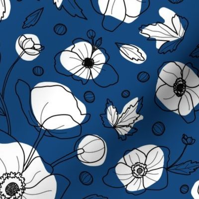 m Anemone buttercup florals bold line art and spots - white indigo blue