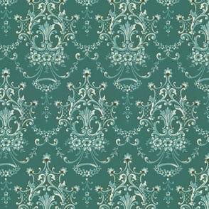 floral scrollwork on teal 