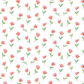 Ditsy watercolor pink peach flowers-white
