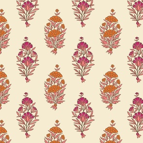 marigold and carnations - Indian floral block print-pink and orange- medium scale