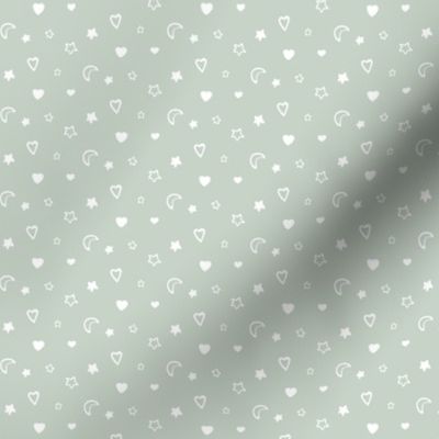 micro-Moons and stars and hearts - white on ash grey  - gender neutral girl or boy nursery