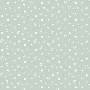 micro-Moons and stars and hearts - white on ash grey  - gender neutral girl or boy nursery