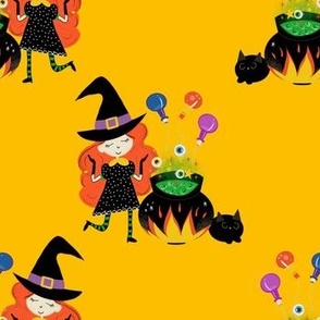 Halloween Witch on Cauldron with Potions Yellow