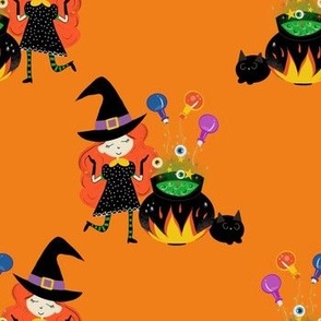 Halloween Witch on Cauldron with Potions Orange