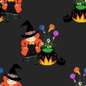Halloween Witch on Cauldron with Potions Black