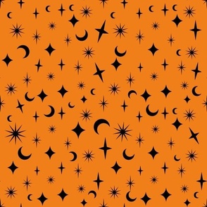 Halloween Stars Sparkles  Moons Orange and Black