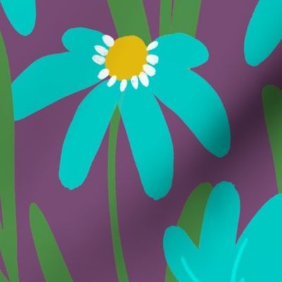 Large Meadow Floral - Blue and green on purple painterly flowers - artistic brush stroke daisy 