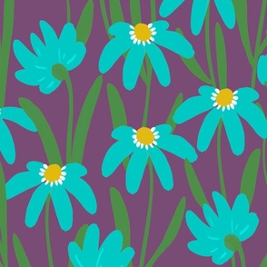 Large Meadow Floral - Blue and green on purple painterly flowers - artistic brush stroke daisy 