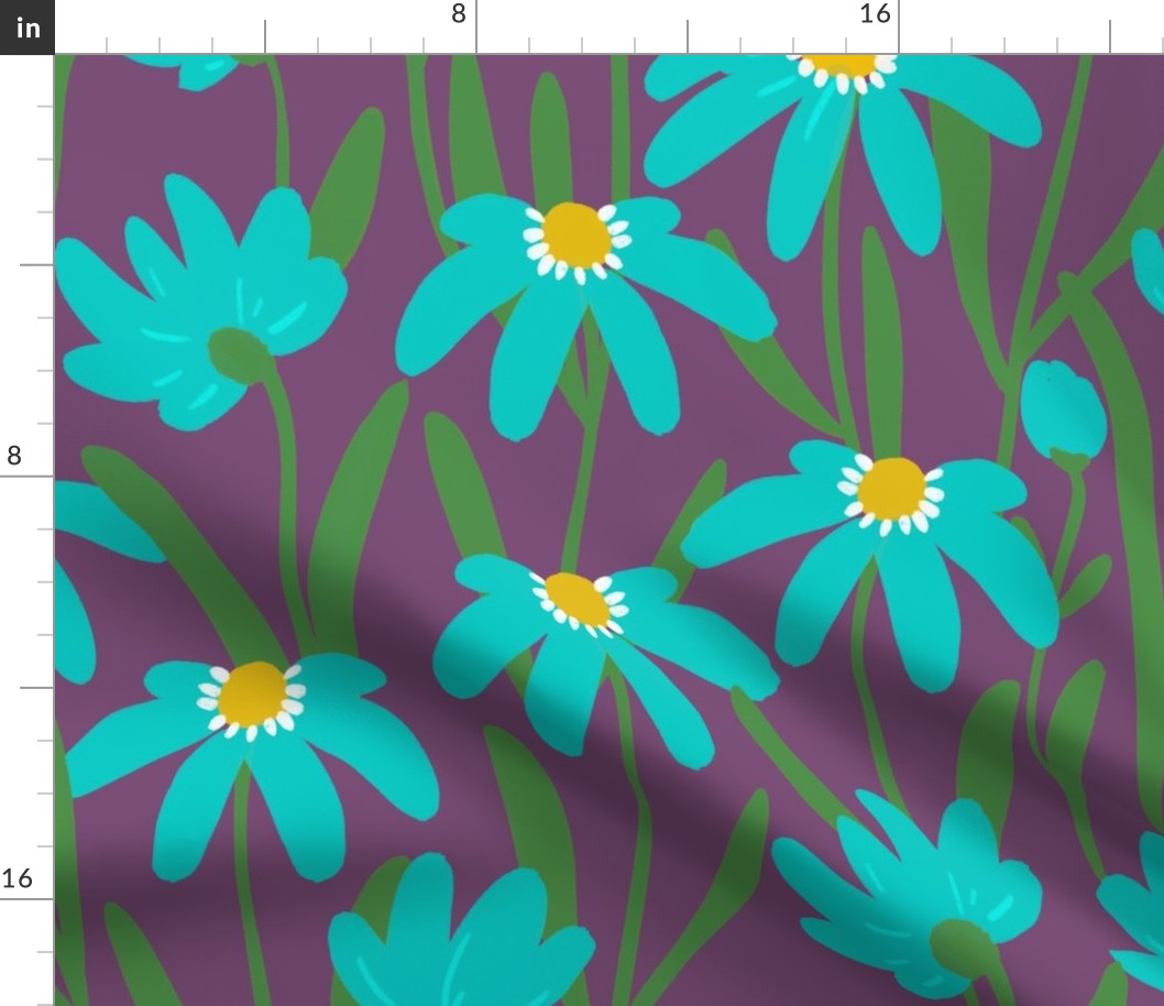 Large Meadow Floral - Blue and green on purple painterly flowers - artistic brush stroke daisy 