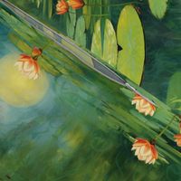 monet waterlilies and peach lotus