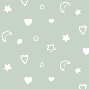 medium-Moons and stars and hearts - white on ash grey  - gender neutral girl or boy nursery