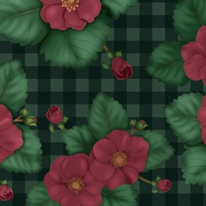 Strawberry Red Flower Country Picnic Plaid Dark Green Large