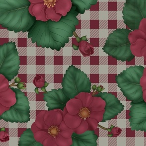 Strawberry Red Flower Country Picnic Plaid Cream  Large
