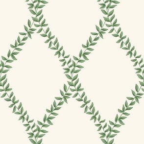 mary | leafy diamond trellis vines in folly green on off white