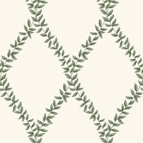 mary | leafy diamond trellis vines in sutcliffe grey green on off white