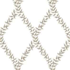 mary |leafy diamond trellis vines in taupe on white
