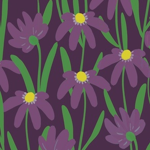 Large Meadow Floral - Purple and green painterly flowers - artistic brush stroke daisy 