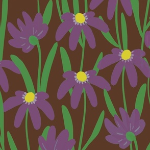 Large Meadow Floral - Purple on nut brown painterly flowers - artistic brush stroke daisy 
