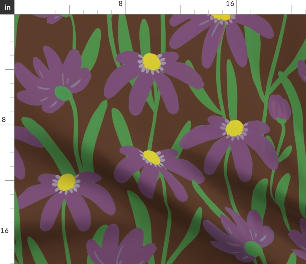 Large Meadow Floral - Purple on nut brown painterly flowers - artistic brush stroke daisy 