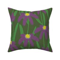 Large Meadow Floral - Purple on cactus green painterly flowers - artistic brush stroke daisy